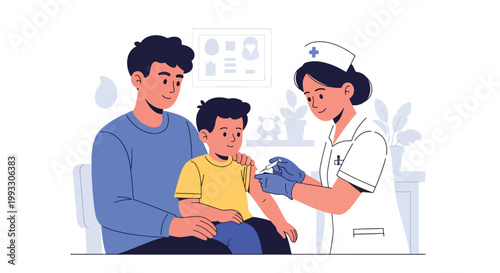 Flat style vector illustration of child receiving vaccine from nurse with parent support, healthcare prevention and immunization concept in safe clinic environment