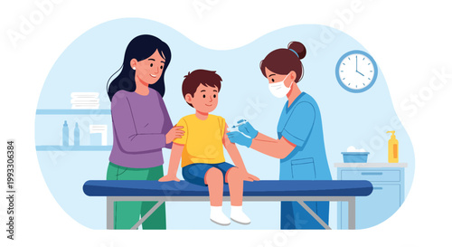 Flat style vector illustration of child receiving vaccine from nurse with parent support, healthcare prevention and immunization concept in safe clinic environment