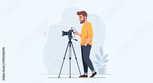 Filmmaker with camera on tripod using tablet, modern flat illustration
