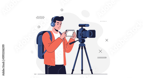 Filmmaker with Camera and Headphones Recording Video Content