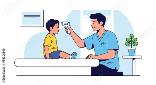 Flat style vector illustration of doctor checking child temperature and heartbeat during medical exam, preventive healthcare and routine pediatric care concept