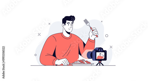 Food Blogger Filming Meal with Camera, Man Tasting Food with Fork