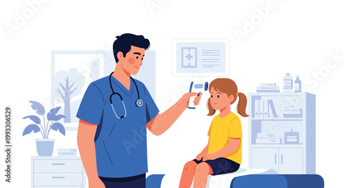 Flat style vector illustration of doctor checking child temperature and heartbeat during medical exam, preventive healthcare and routine pediatric care concept