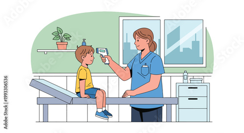 Flat style vector illustration of doctor checking child temperature and heartbeat during medical exam, preventive healthcare and routine pediatric care concept