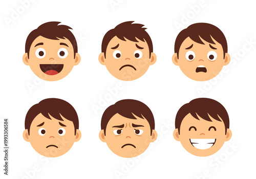 Flat style vector illustration of child showing different emotions like happy, sad, anxious and calm, emotional awareness and kids mental health concept