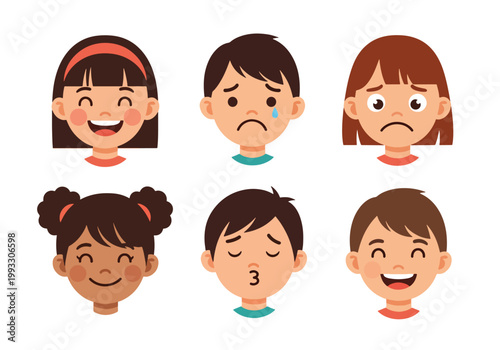 Flat style vector illustration of child showing different emotions like happy, sad, anxious and calm, emotional awareness and kids mental health concept