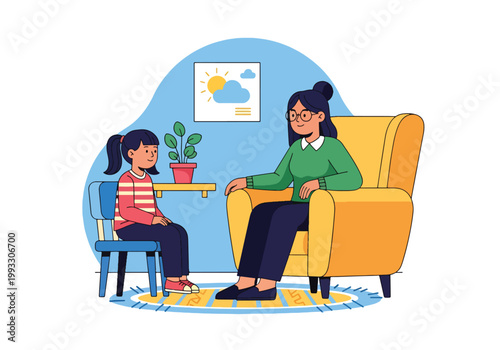 Flat style vector illustration of child talking to therapist in counseling session, mental health support and emotional care for kids in safe environment