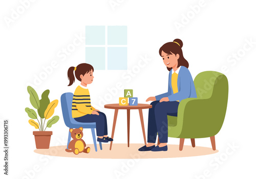 Flat style vector illustration of child talking to therapist in counseling session, mental health support and emotional care for kids in safe environment