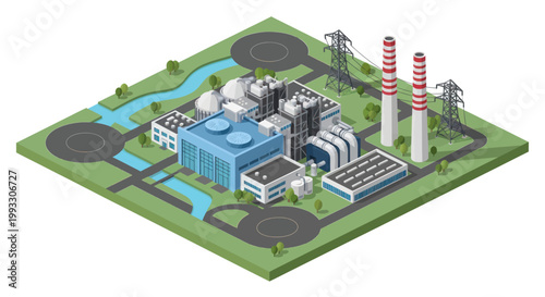 Modern Industrial Power Plant Complex with Cooling Towers and Smokestacks.