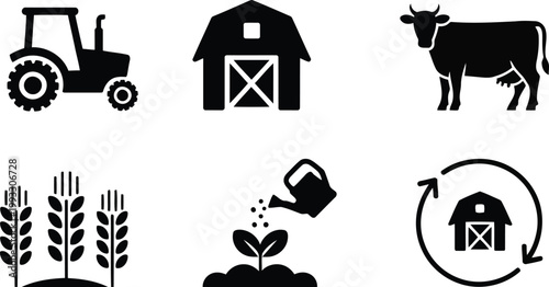 Collection of agricultural icons shows farm machinery, livestock, crops, and watering plants