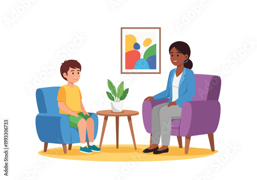Flat style vector illustration of child talking to therapist in counseling session, mental health support and emotional care for kids in safe environment