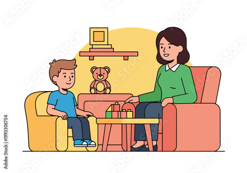 Flat style vector illustration of child talking to therapist in counseling session, mental health support and emotional care for kids in safe environment