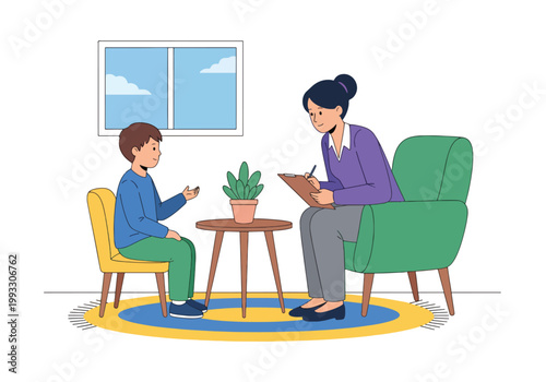 Flat style vector illustration of child talking to therapist in counseling session, mental health support and emotional care for kids in safe environment