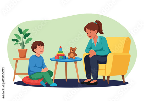 Flat style vector illustration of child talking to therapist in counseling session, mental health support and emotional care for kids in safe environment