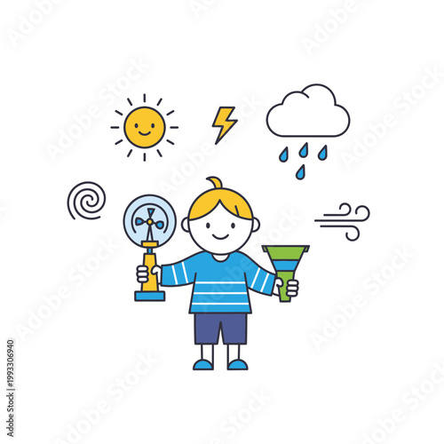 Boy holding weather forecast instruments outside.