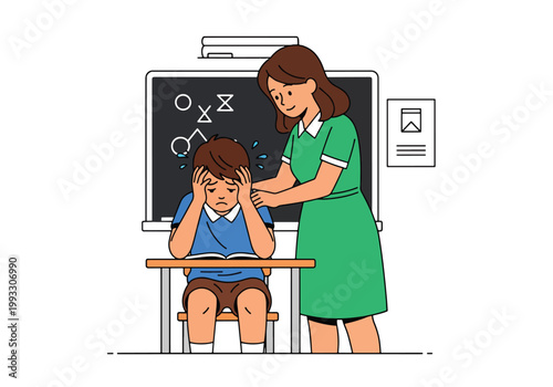 Flat style vector illustration of child feeling overwhelmed with school stress, supported by teacher or parent, mental health awareness in education environment