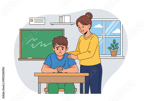 Flat style vector illustration of child feeling overwhelmed with school stress, supported by teacher or parent, mental health awareness in education environment