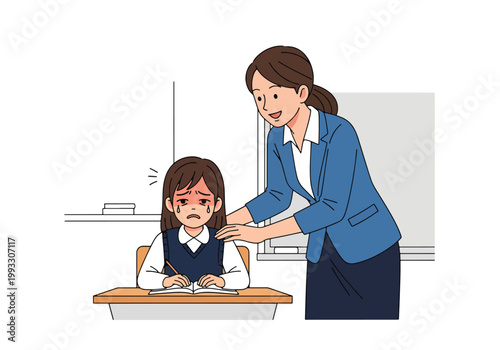 Flat style vector illustration of child feeling overwhelmed with school stress, supported by teacher or parent, mental health awareness in education environment