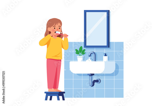 Flat style vector illustration of children brushing teeth in bathroom, promoting dental hygiene and healthy habits for kids in daily routine care concept