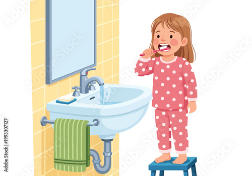 Flat style vector illustration of children brushing teeth in bathroom, promoting dental hygiene and healthy habits for kids in daily routine care concept