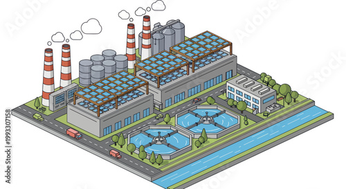 Modern Industrial Water Treatment Plant with Solar Panels and Smokestacks.