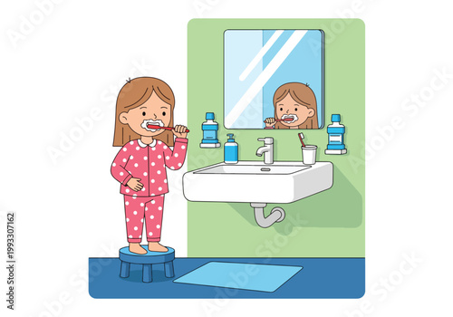 Flat style vector illustration of children brushing teeth in bathroom, promoting dental hygiene and healthy habits for kids in daily routine care concept