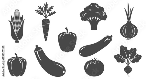 Monochromatic Vegetable Silhouettes Collection Healthy Eating Icons.