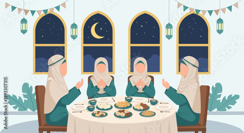 Muslim family enjoying Iftar meal together during Ramadan celebration.
