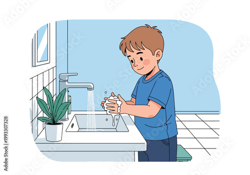 Flat style vector illustration of children washing hands with soap and water, hygiene education and infection prevention concept for kids healthcare awareness