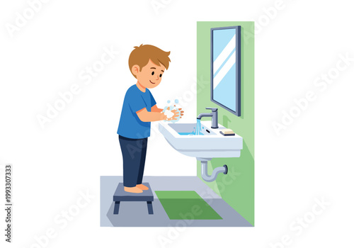 Flat style vector illustration of children washing hands with soap and water, hygiene education and infection prevention concept for kids healthcare awareness
