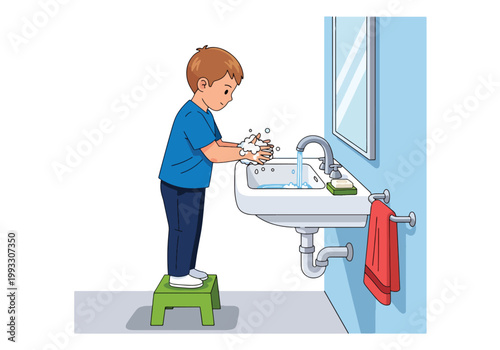 Flat style vector illustration of children washing hands with soap and water, hygiene education and infection prevention concept for kids healthcare awareness