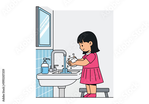 Flat style vector illustration of children washing hands with soap and water, hygiene education and infection prevention concept for kids healthcare awareness