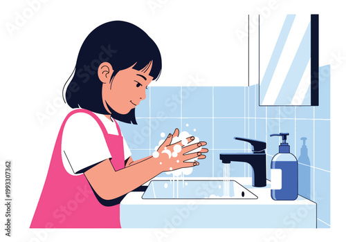 Flat style vector illustration of children washing hands with soap and water, hygiene education and infection prevention concept for kids healthcare awareness