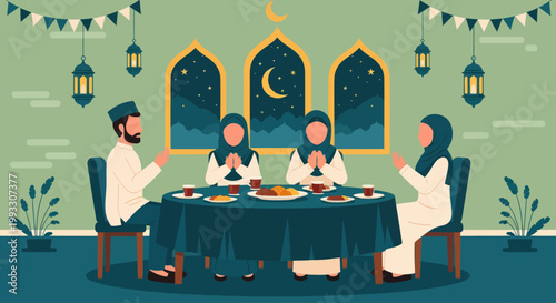 Muslim Family Enjoying Iftar Meal Together.