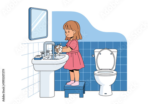 Flat style vector illustration of children washing hands with soap and water, hygiene education and infection prevention concept for kids healthcare awareness