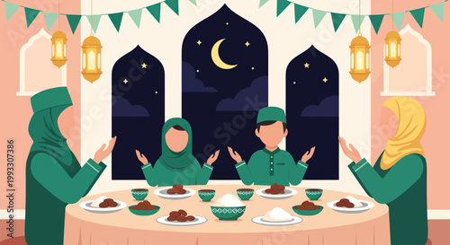 Muslim family praying before Iftar meal during Ramadan.