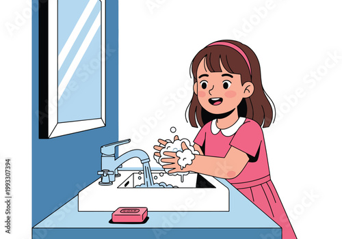 Flat style vector illustration of children washing hands with soap and water, hygiene education and infection prevention concept for kids healthcare awareness