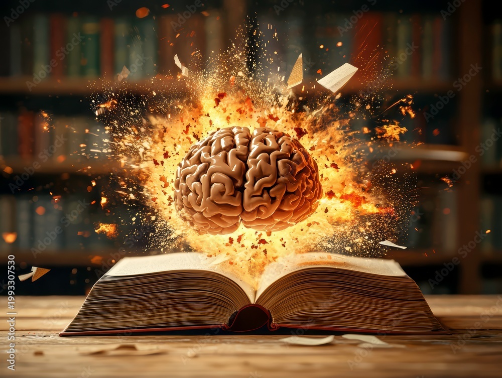 Obraz premium Exploding Brain: Knowledge and Ideas Bursting from an Open Book in a Library