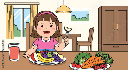 Flat style vector illustration of child eating healthy food with fruits and vegetables, nutrition education and balanced diet concept for kids health and wellness