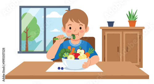 Flat style vector illustration of child eating healthy food with fruits and vegetables, nutrition education and balanced diet concept for kids health and wellness