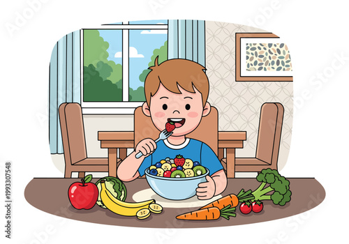 Flat style vector illustration of child eating healthy food with fruits and vegetables, nutrition education and balanced diet concept for kids health and wellness