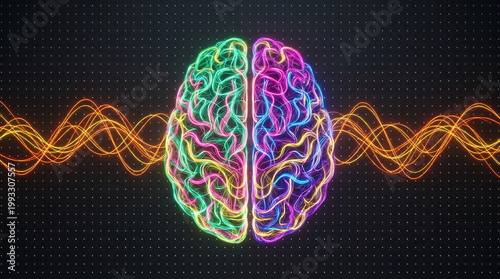 Digital education interactive innovation knowledge learning neon brain with sound wave dark background concept for digital learning education