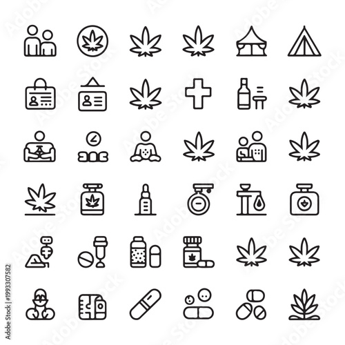 Comprehensive Cannabis and Marijuana Line Icon Collection for Medical and Recreational Use