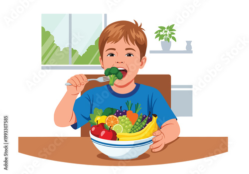 Flat style vector illustration of child eating healthy food with fruits and vegetables, nutrition education and balanced diet concept for kids health and wellness