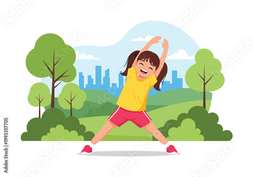 Flat style vector illustration of children doing exercise and stretching, promoting physical activity and healthy lifestyle habits for kids healthcare concept