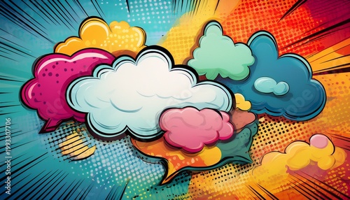 diverse comic style speech bubbles and thought clouds on halftone background