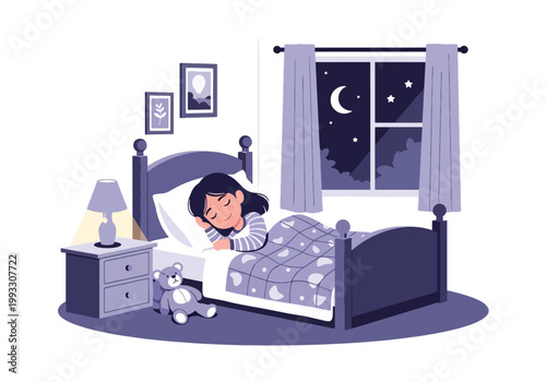 Flat style vector illustration of child sleeping peacefully in bed at night, promoting healthy sleep habits and wellness for kids daily routine care concept