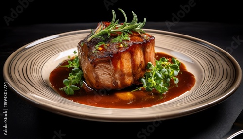 a beautifully plated pork dish garnished with fresh herbs drizzled with a rich sauce perfect for showcasing culinary arts and fine dining experiences