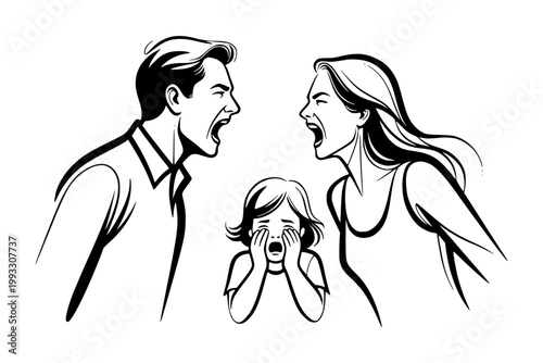 Parents shouting with distressed child, lineart style on white background, concept of family conflict issues Concept of divorce, misunderstanding in family.