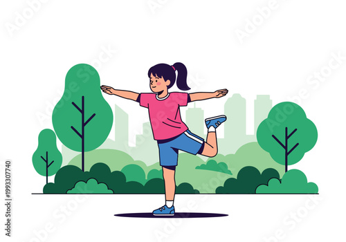 Flat style vector illustration of children doing exercise and stretching, promoting physical activity and healthy lifestyle habits for kids healthcare concept